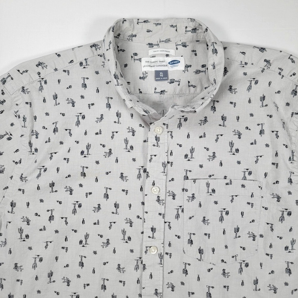 Old Navy Shirt Mens XL Gray Slim Fit Short Sleeve Button Down Cactus Print - Picture 2 of 12